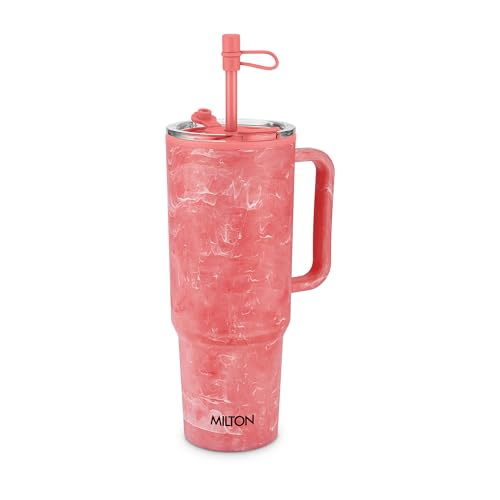 MILTON Puris 1200 Plastic Water Tumbler | 2-in1 Lid Sip or Gulp | Crystal Clear BPA Free-Food Grade | Sturdy Handle | Large Travel Mug for Gym, Office & Outdoor Use, 1200 ml, Pink