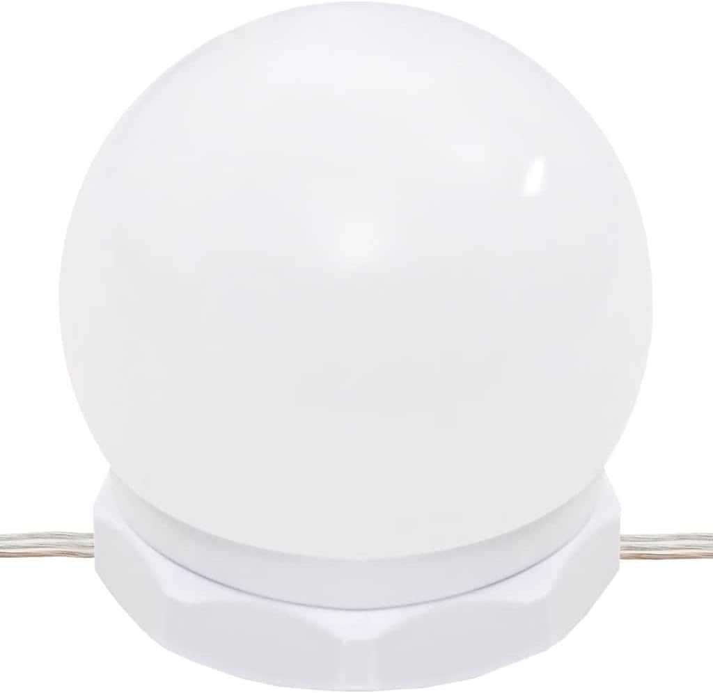 Close-up view of a single white spherical LED bulb with a white base, connected to a thin white wire. This bulb is part of the LED lighting system for the vanity table.