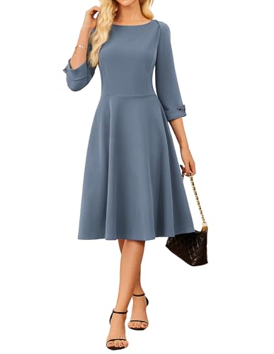 GRACE KARIN Damen Elegantes Midi Cocktailkleid 3/4 Ärmel U-Boot-Ausschnitt A-Linie Herbstkleider Abendkleid Graublau M