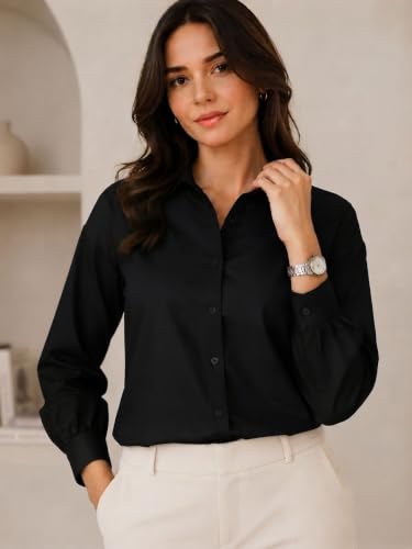 Image of OOMPH! Women's Cotton Solid Relaxed Fit Formal Shirt | Full Sleeve Drop Shoulder Button-Down Office Shirt | Spread Collar Workwear & Smart Casual Top