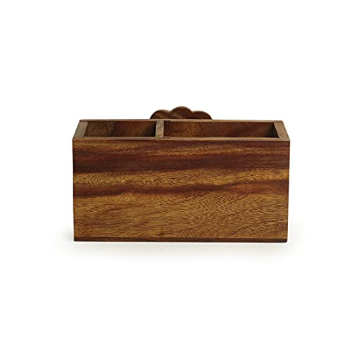 Image of ExclusiveLane 'The Dancing Peacock' Hand Carved Wooden Cutlery Stand & Stationery Holder In Sheesham Wood - Spoon Stand Holder With Napkin Holder Tissue Holder For Dining Table Organizer Spoon Stand
