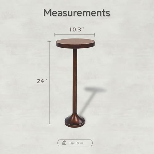 Small Pedestal End Table, Metal Base Side Table, Drinking Table with Scratching Distressed Finish, Light Espresso - Image 4