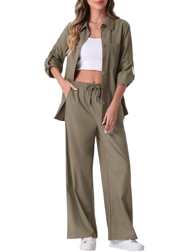 Allegra K Women's 2 Piece Linen Set 2024 Button Down Shirt Drawstring Wide Leg Pants Casual Outfits