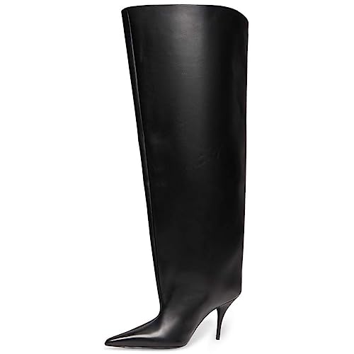 Kluolandi Women's Wide Calf Knee High Boots Stiletto Cone Heel Boots Pointed Toe Pull On Black Boot Heels for Women3