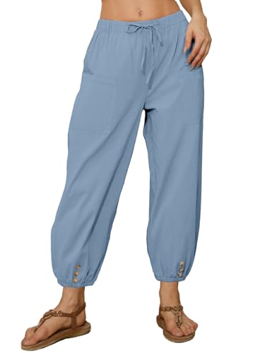 Women Capri Pants Casual Drawstring Elastic High Waist Baggy Wide Leg Cropped Pants Trousers for Ladies Summer（S-3XL） Lightblue
