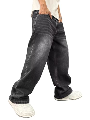 Image of ALLABREVE Men's Baggy Hip Hop Jeans Y2k Wide Leg Denim Pants Relaxed Fit Skater Trousers Streetwear