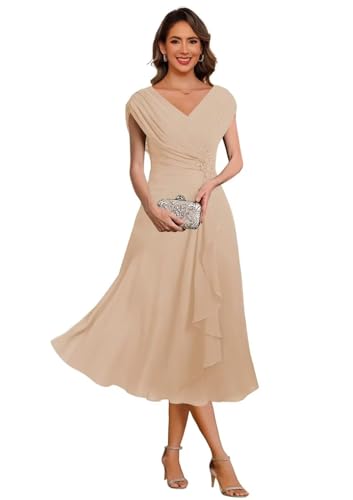 Chiffon Mother of The Bride Dress Cap Sleeves Pleated Tea Length Formal Evening Dresses for Wedding JH014