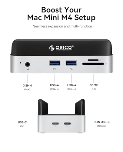 Image of ORICO MiniDock Mac mini M4 Dock and Stand Compatible M.2 SSD Up tp 8TB, 2xUSB A 10Gbps, SD /TF Card Slots, 3.5mm Audio, for Mac mini M4 and M4 Pro 2024(VSE)