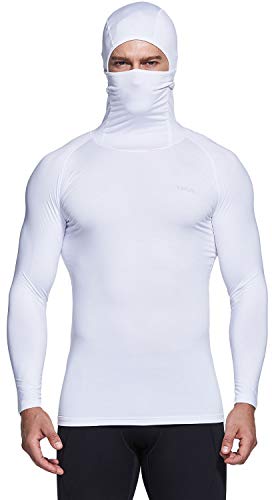 TSLA Men's Thermal Compression Shirts Hoodie with Mask, Long Sleeve Winter Sports Base Layer Top, Active Running Shirt, Heatlock White, XX-Large