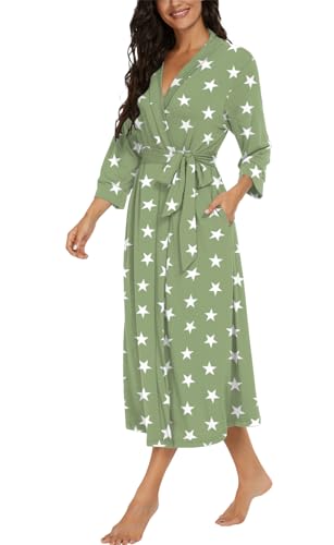 Image of VINTATRE Robes for Women Long Knit Bathrobe XS-4XL | 3 /4 Sleeve Bathrobes with Pockets, Stretchy and Lightweight Fabric, Inner Tie and Fixed Outer Matching Belt, Mid Calf Length