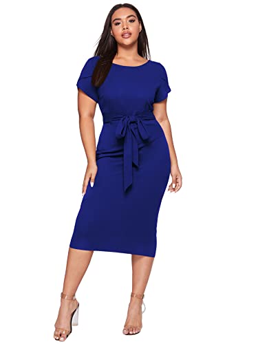 SheIn Women's Plus Size Elegant Short Cap Sleeve Self Belted Stretchy Bodycon Pencil Dress Royal Blue Large Plus