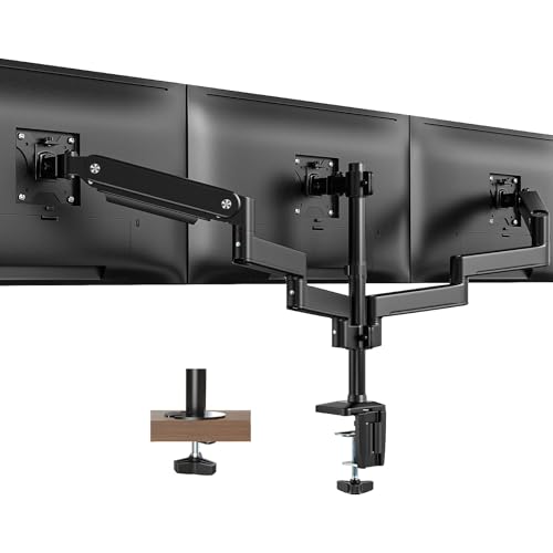 PUTORSEN Support 3 Écran PC Moniteur, Premium Aluminium Bras Articulé Ergonomique Ressort Gaz pour Triple Écrans 17-27", Hauteur Réglable Inclinaison Pivot et Fixation Bureau, Bras Supporte 7kg