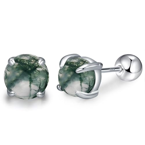 Moss Agate Earrings for Women 925 Sterling Silver Round Moss Agate Stud Earrings Jewelry Gifts for Women