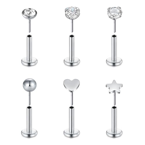 VF VFUN 16G 6Pcs Helix Piercings Diamant CZ Edelstahl Piercing Herz Stern Opal Lippenpiercing Ohr Conch Piercing Nasenpiercing Tragus Labret Piercing Studs 6mm für Frauen Männer Silber