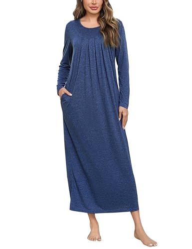 Leversic Camisón Largo para Mujer Azul Oscuro XXL, Cuello Redondo Plisado de Algodón Manga Larga hasta Los Tobillos, Vestido de Dormir Suave