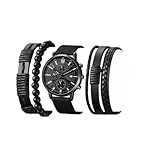 Set Men's Watch Calendar Casual Sports Fashion Industrial Style Round Dial Quartz Watch And Leather Bracelet For Men (Black1)