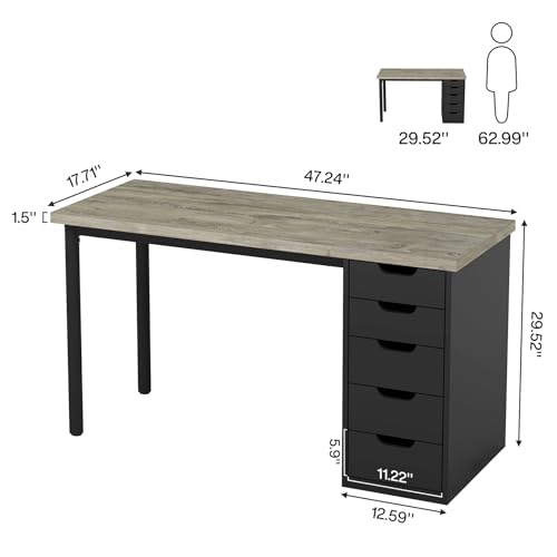 Image of Tribesigns Computer Desk with 5 Drawers, 47 inches Rustic Brown Home Office Desk with Storage, Modern Simple Laptop Desk Study Writing Table for Small Spaces (1, Grey+Black)