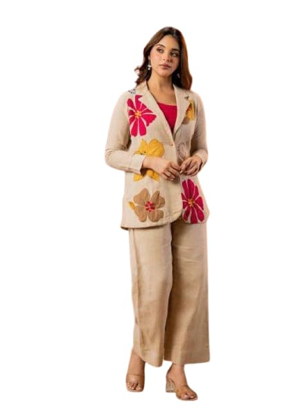 Women’s Floral Print Beige Pantsuit with Pink Inner Top – Stylish Notched Lapel Blazer & Matching Trousers (in, Alpha, M, Beige)-picture-18