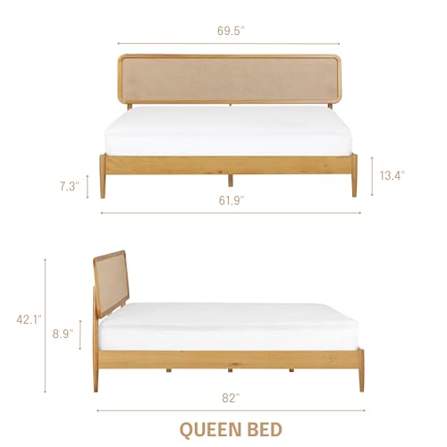 Image of NTC Lupin Wooden Bed Frame with Headboard, Solid Oak and Rubber Wood Foundation with Silent Slats and Wood Central Supports, 1000 Lb Capacity (Rustic Oak, Queen)
