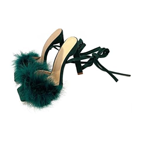 Lace Up Faux Fur Heels Fluffy Block High Heel Sandals Square Open Toe Strappy Fuzzy Heels for Women Dark Green Cover