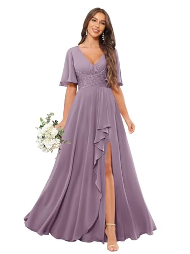 Dresses with Sleeves for Wedding Long Slit Pleated Chiffon Wisteria Formal Prom Evening Party Gown Size 16