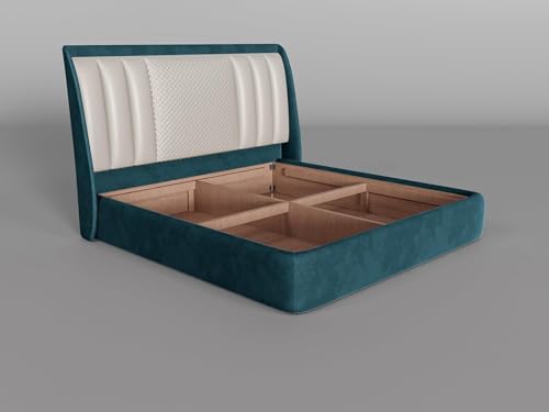 Image of Modern Upholstered King Size Bed with Box Storage for Bedroom | Wooden Double Bed with Storage | Platform Cot with Upholstery Premium Fabric | 6.5 x 6 Ft, Sheesham Wood (Teal Blue)