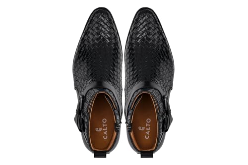 CALTO Men's Invisible Height Increasing Elevator Shoes - Black Premium Leather Woven Ankle Buckle Zipper Boots - 3.3 Inches Taller - K30523 - Size 12 D(M) US4