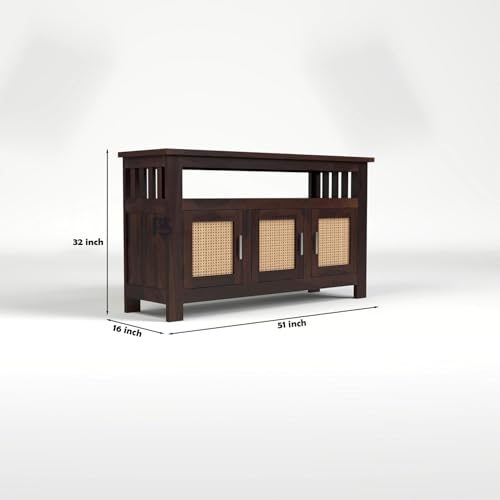 Image of Sheesham Wood Kitchen Cabinet with Cane Woven Doors | Solid Wood Storage Sideboard with Open Shelf & 3 Door Cabinet | Rosewood Storage Cabinet for Living Room (Walnut Finish)