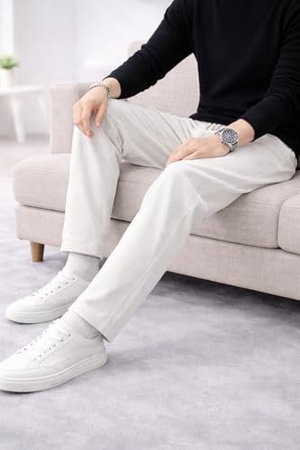 Image of Men's Comfortable Corduroy Pants | Relaxed Fit Stretch Waist Trousers for Everyday Wear Cream
