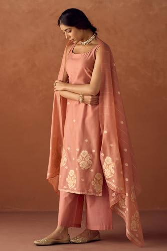Image of FIORRA Women Peach Cotton Jacquard Woven Kurta Set with Dupatta