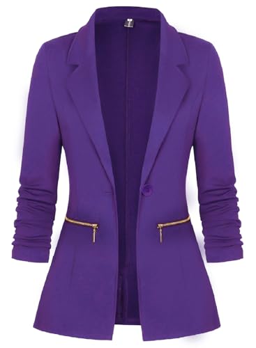 Genhoo Womens Notched Lapel Button Work Office Blazer Jacket Suit with Zipped Pockets Purple M