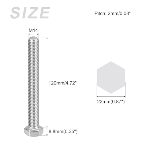 Image of METALLIXITY Hex Bolts (M14-2x120mm) 2Pcs, 304 Stainless Steel Coarse Fully Threaded Hex Head Screw Bolt Machine Screws - for Furniture Repair, Silver