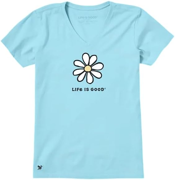 Life is Good Women's Single Daisy Mini Short Sleeve Crusher-LITE Vee, Aqua Blue