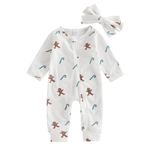 Image of Omkzanbi Baby Girl Boy Christmas Outfit Gingerbread Man Jumpsuit Candy Cane Bodysuit Bow Neutral Fall Winter One Piece Romper (a-White, Newborn)