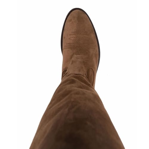 FYS Women's Round Toe Knee High Boots Chunky Block Low Heel Western Boots Pull on Embroidered All Season Shoes Size 4-16 US4