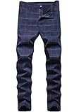 Men's Chino Pants Skinny Fit Plaid Flat-Front Stretch Slim Stylish Business Dress Pants,Navy,34