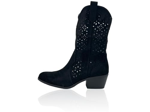 Nowaland Damen Cowboy Stiefel mit Cut-outs und Blockabsatz für Frühjahr/Sommer seitlicher Reißverschluss und bequemes Innenfutter ideal zu Kleid Rock Shorts oder Skinny-Jeans