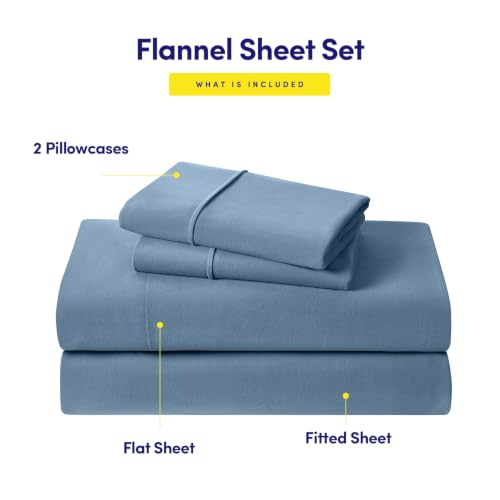 Image of Sweet Home Collection Flannel Sheet Set, Denim Blue Queen, Deep Pocket Soft Brushed Microfiber All-Season Bedding with Fitted Sheet, Flat Sheet & Pillowcase(s)
