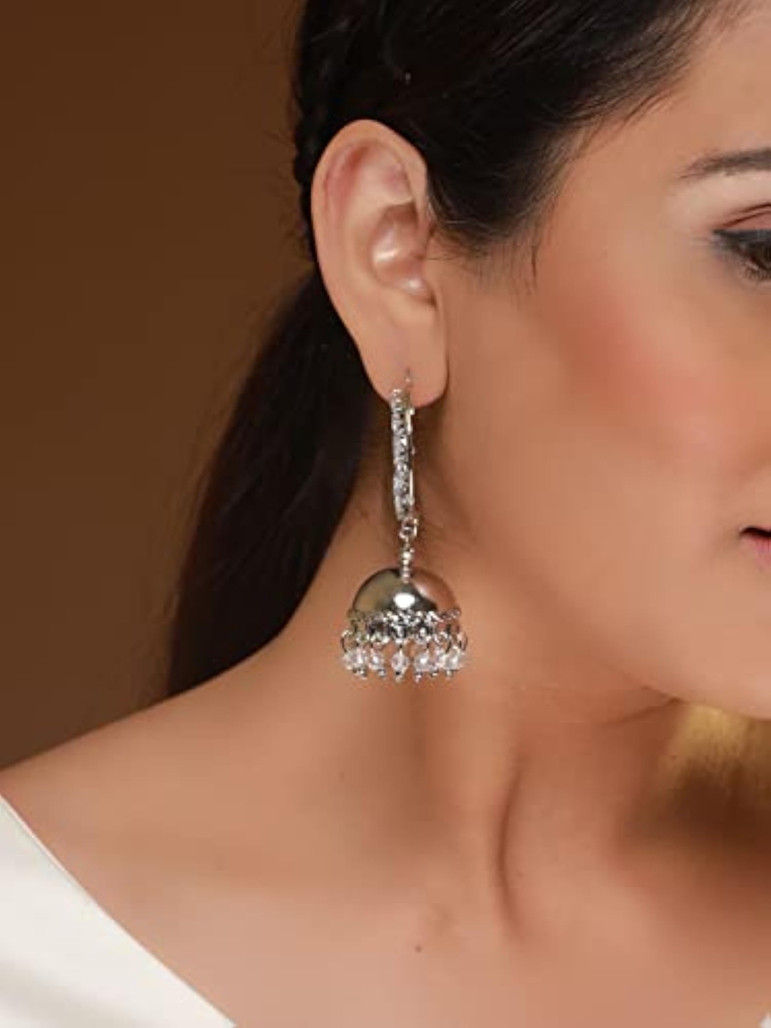 Women's Leaf-Cut AD Studded Hoop Jhumka Earrings
