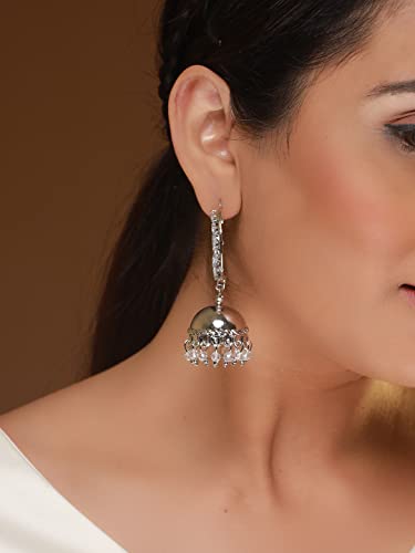 Women's Leaf-Cut AD Studded Hoop Jhumka Earrings