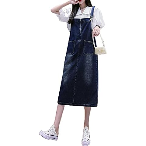COWOKA Women's Denim Strap Dress Large Size Loose Casual Solid Color Mid-Length Skirt Dark Blue M Cover