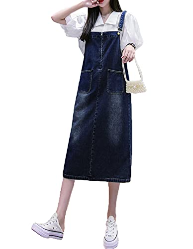 COWOKA Women's Denim Strap Dress Large Size Loose Casual Solid Color Mid-Length Skirt Dark Blue 2XL