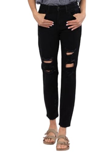 Judy Blue Women's High Waist Destroyed Boyfriend Jeans - Stretchy & Comfortable Black Denim 82161-