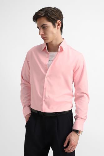 Image of SNITCH Men Formal Shirt | Tailored Slim Fit Full Sleeve Spread Collar Solid Style | Breathable Polyester Viscose Blend Twill Fabric for Office & Evening