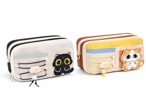 Image of WORSHIPER Pencil Case Set of 2, Birthday Return Gift for Kids, Large Capacity Pencil Pouch with Compartments, Cute Pen Organizer for Girls Boys School Supplies Ages 3-12 (Black & Brown Cat Combo)