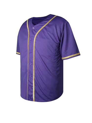 Camiseta de béisbol básica para hombre, botones, manga corta, uniforme deportivo, estilo hipster hip hop (Púrpura-cinta dorada-L)
