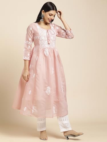 Image of RATAN Women's Muga Cotton Flared Lucknowi Chikankari Ethnic Wear Kurta