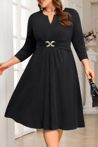 Image of Plus Size Wedding Guest Dress Fall Semi Formal 3 /4 Sleeve A-line Midi Dress
