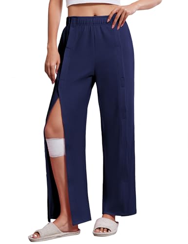 Deyeek Womens Tear Away Pants for Post Hip Surgery Recovery Snap On Pants Breakaway Surgical Zipper Sweatpants with Pockets Navy