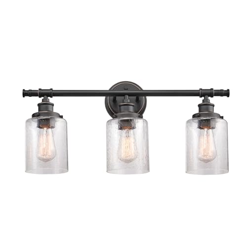 Image of Globe Electric 51415 Camden 5-Piece All-in-One Bathroom Set, 3 Vanity Light with Seeded Glass Shades, Bar, Towel Ring, Robe Hook, Toilet Paper Holder, Bronze